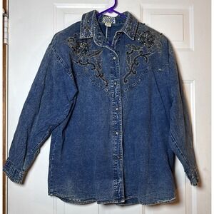 Vintage Polly Bleu Denim Shirt Womens Medium Beaded Sequin Western Acid Wash
